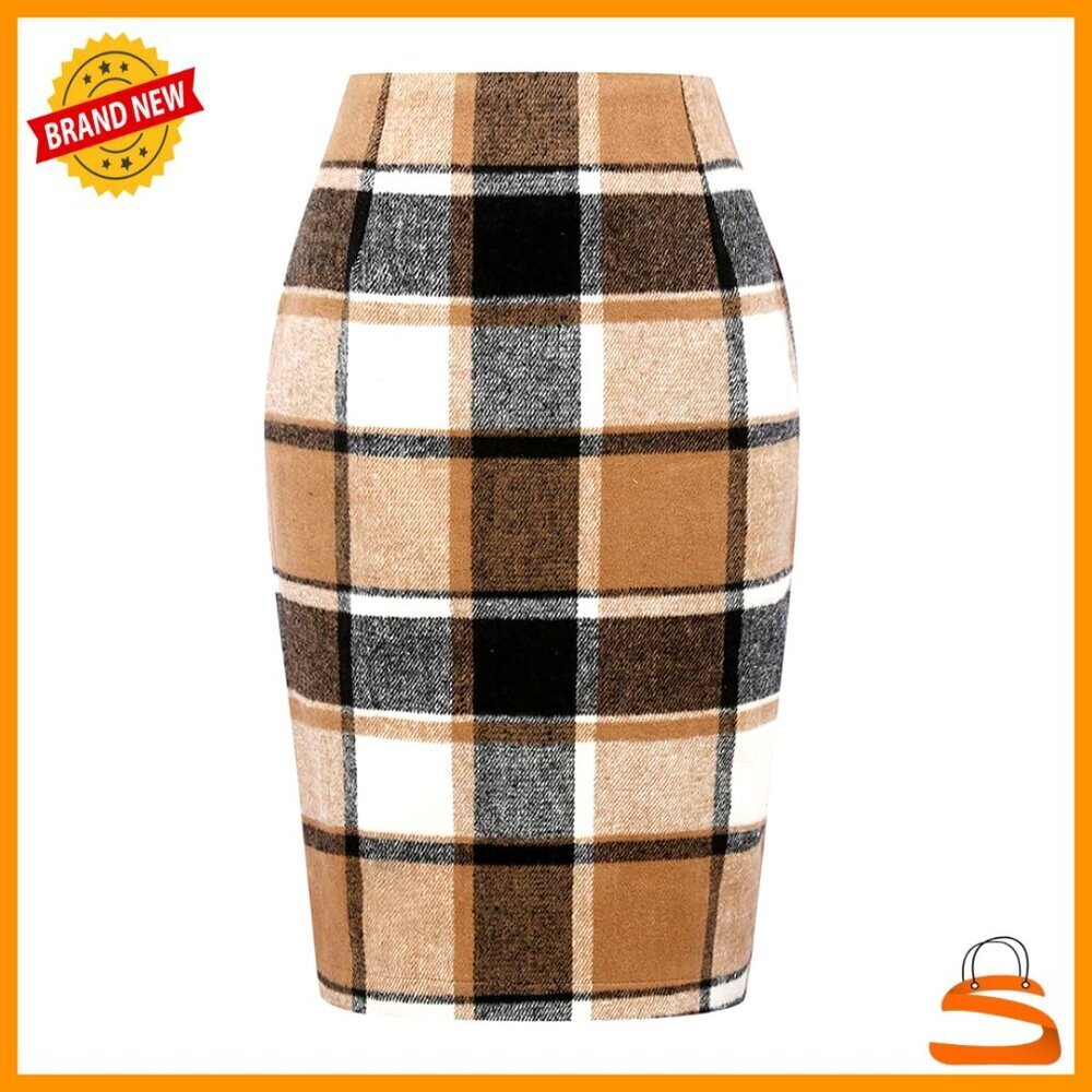 Wool Plaid Pencil Skirt High Waisted Bodycon Knee Length Midi